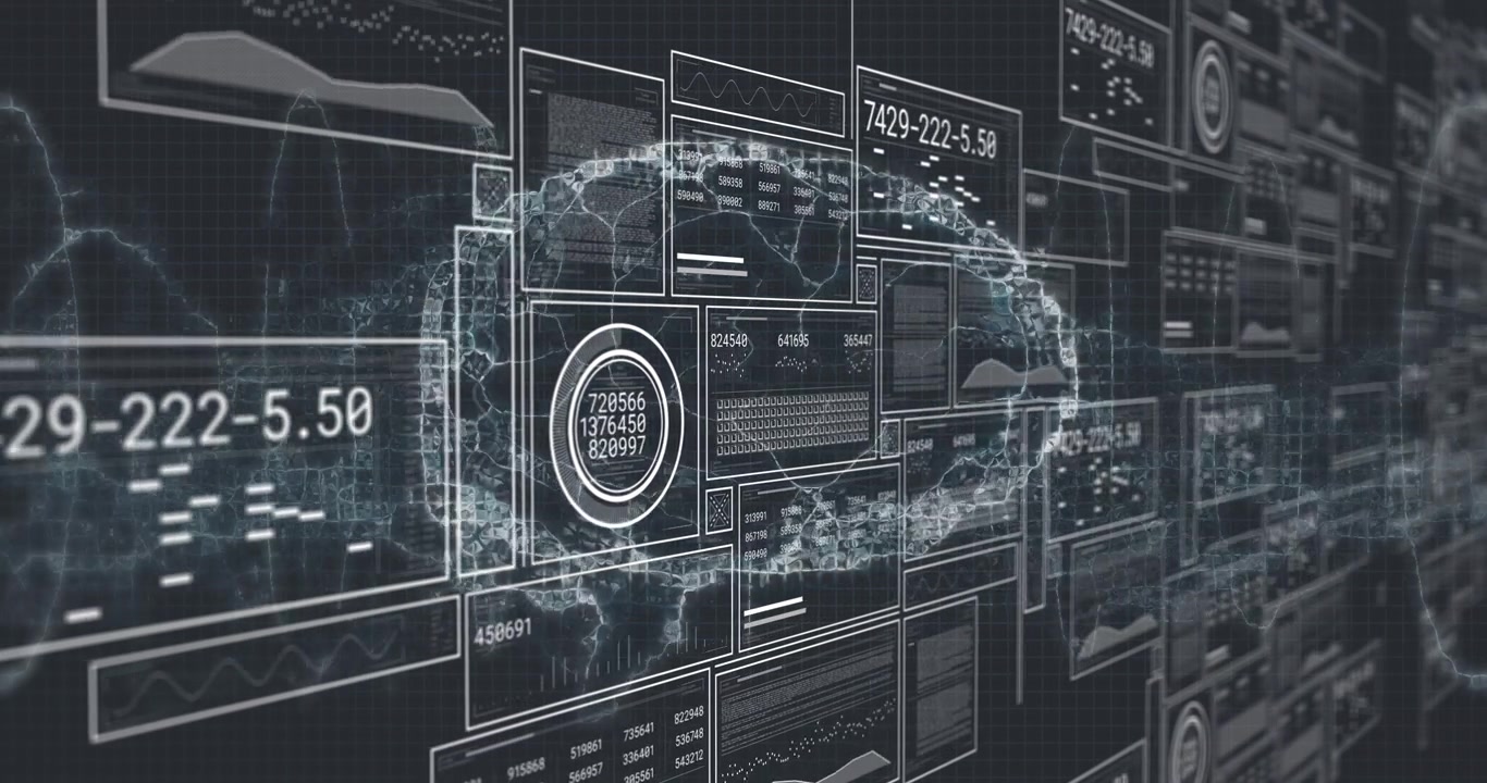 Gauge activating, cloud particles forming and densifying as panels updating, visualizing analytics