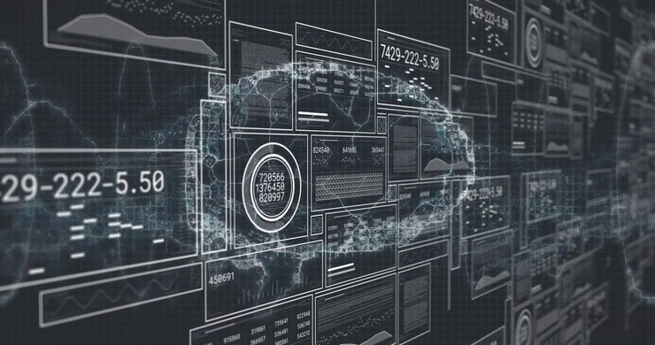 Gauge activating, cloud particles forming and densifying as panels updating, visualizing analytics