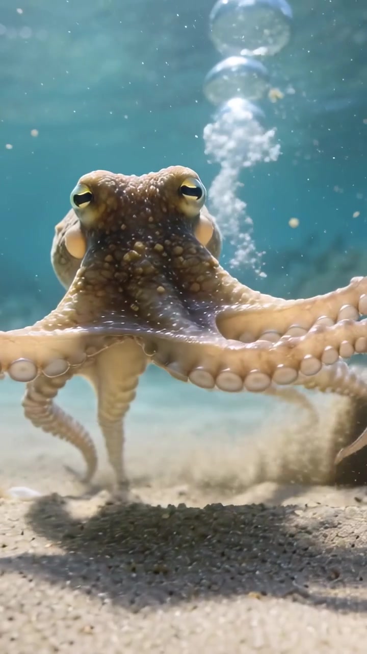 Video verticale: Polpo che scivola toccando la sabbia, esplorando il fondale marino, sollevando il corpo e creando bolle.