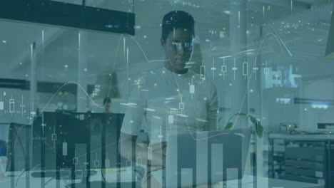 businessman working on laptop with financial data charts overlay animation