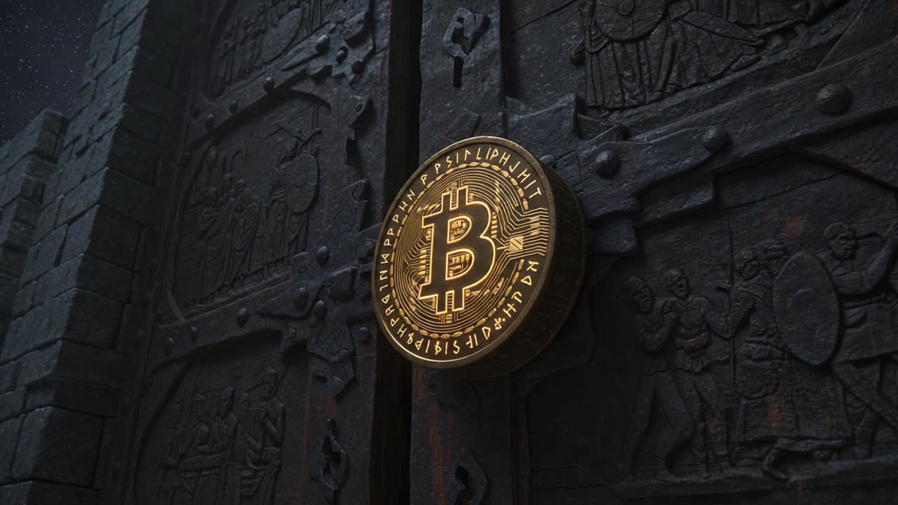 Unlocking the Future of Finance: A Close-Up View of a Bitcoin Symbol Embedded in an Ancient Stone Door, Merging Tradition with Modern Cryptocurrency Innovation
