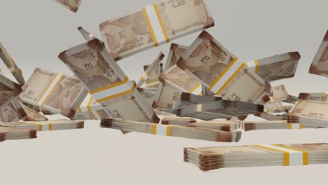 many wads of money falling on table. 10 indian rupees banknotes.