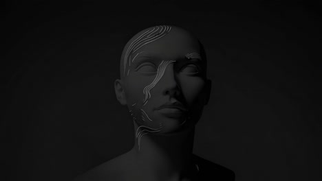 monochrome mannequin portrait featuring dynamic white lines traversing facial contours, symbolizing artificial intelligence intersecting technological abstraction with organic human characteristics