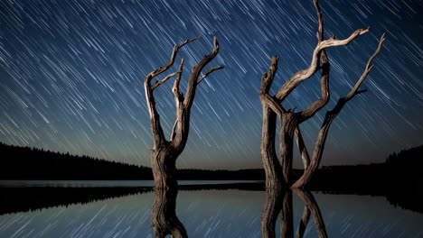 star trails over a misty lake with dead trees