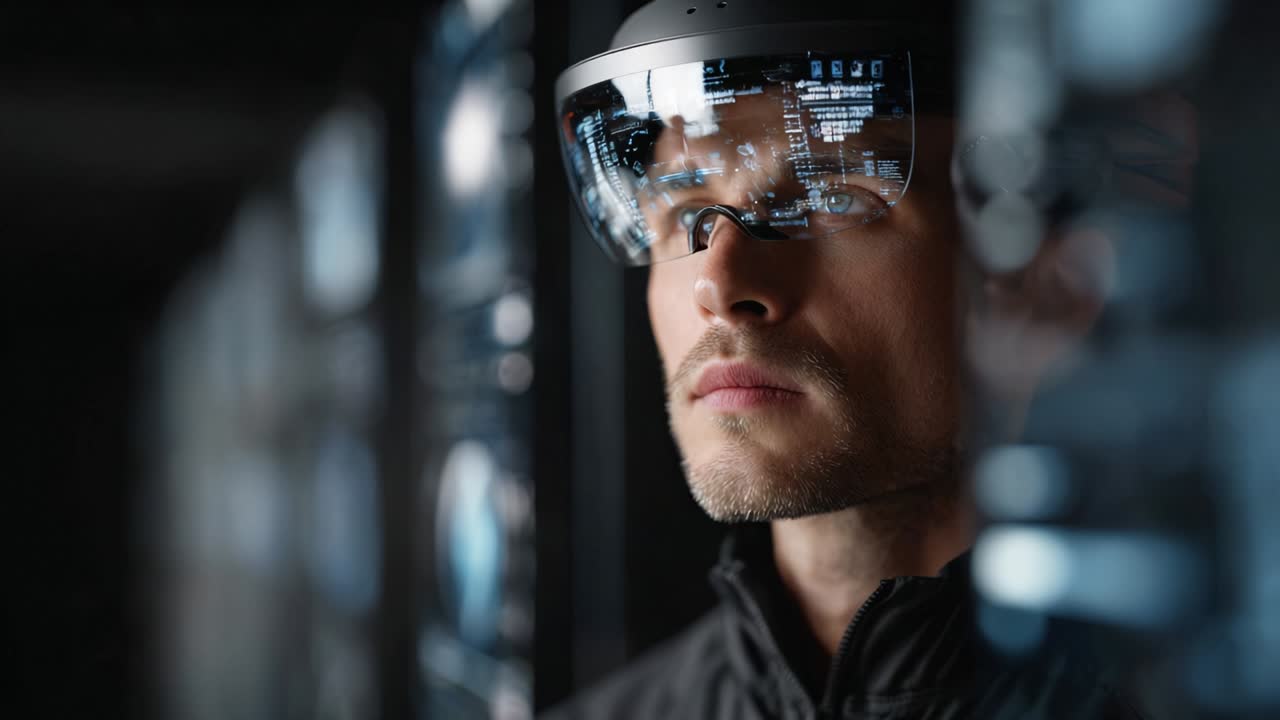 Man using augmented reality glasses