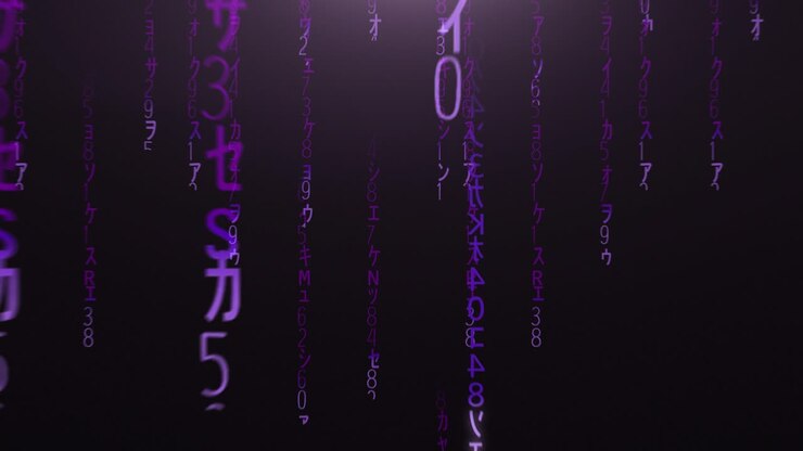 Flight through the falling purple matrix code