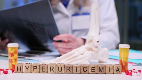 hyperuricemia medical concept with doctor, x-ray, and foot skeleton