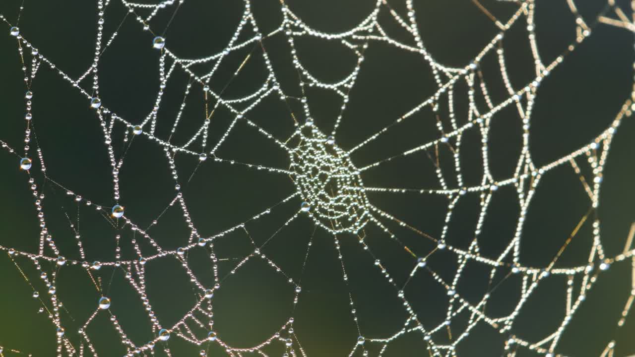 Intricate Spider Web Captured in Glimmering Morning Dew, Showcasing Nature’s Artistry in Every Delicate Strand and Raindrop Reflection