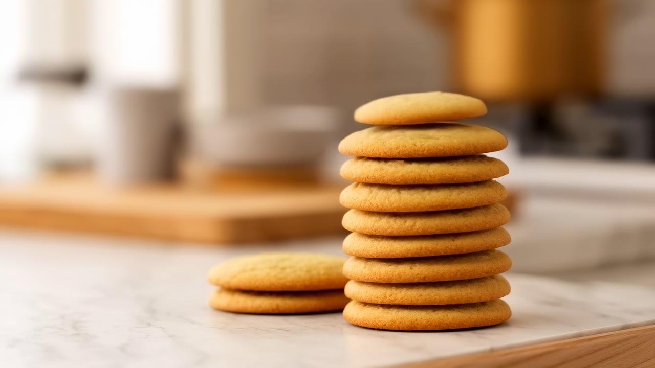 Stack Of Golden Cookies On Marble Countertop, Home Baker Stacking From Two To Tall Tower, Blurred Stove