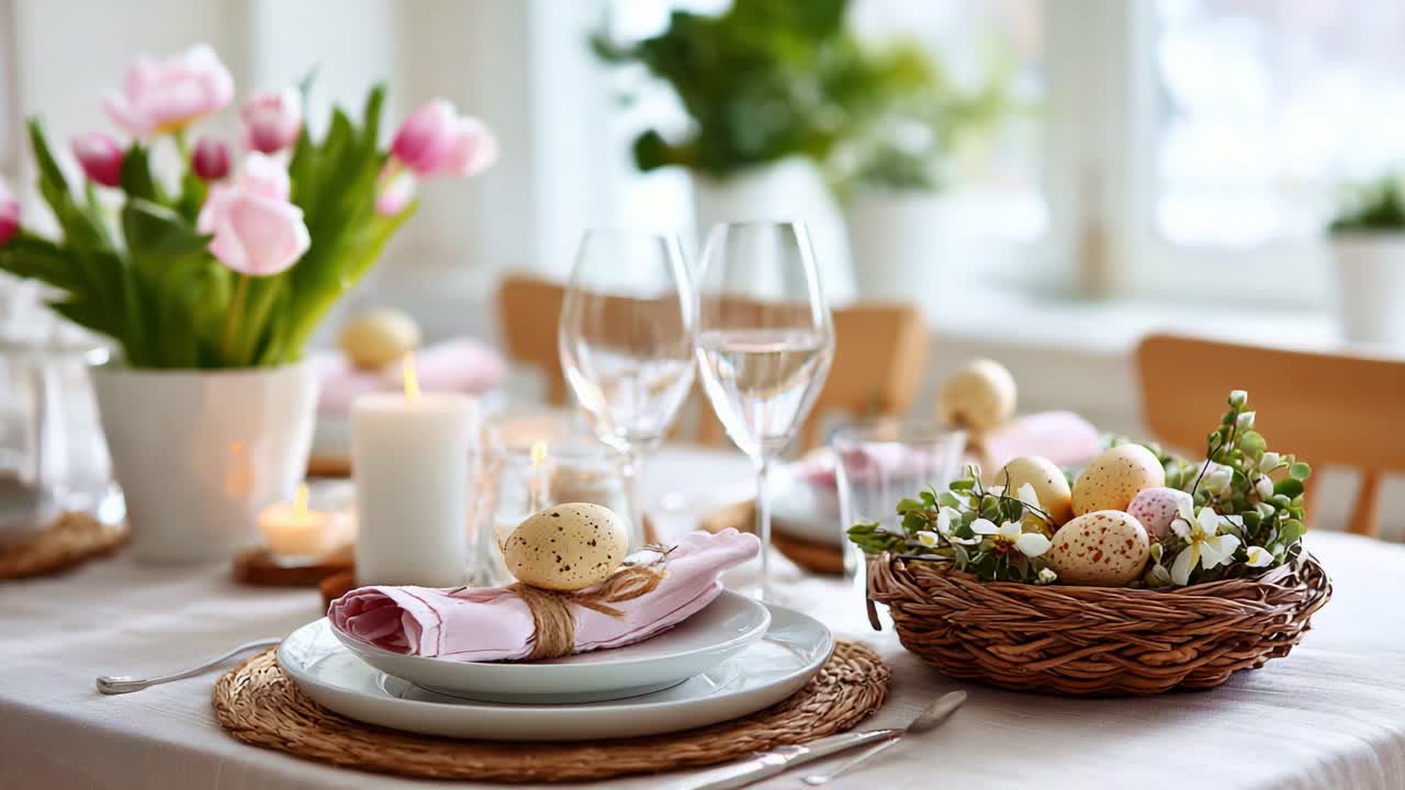 Elegante tavola di Pasqua con tulipani e uova decorate