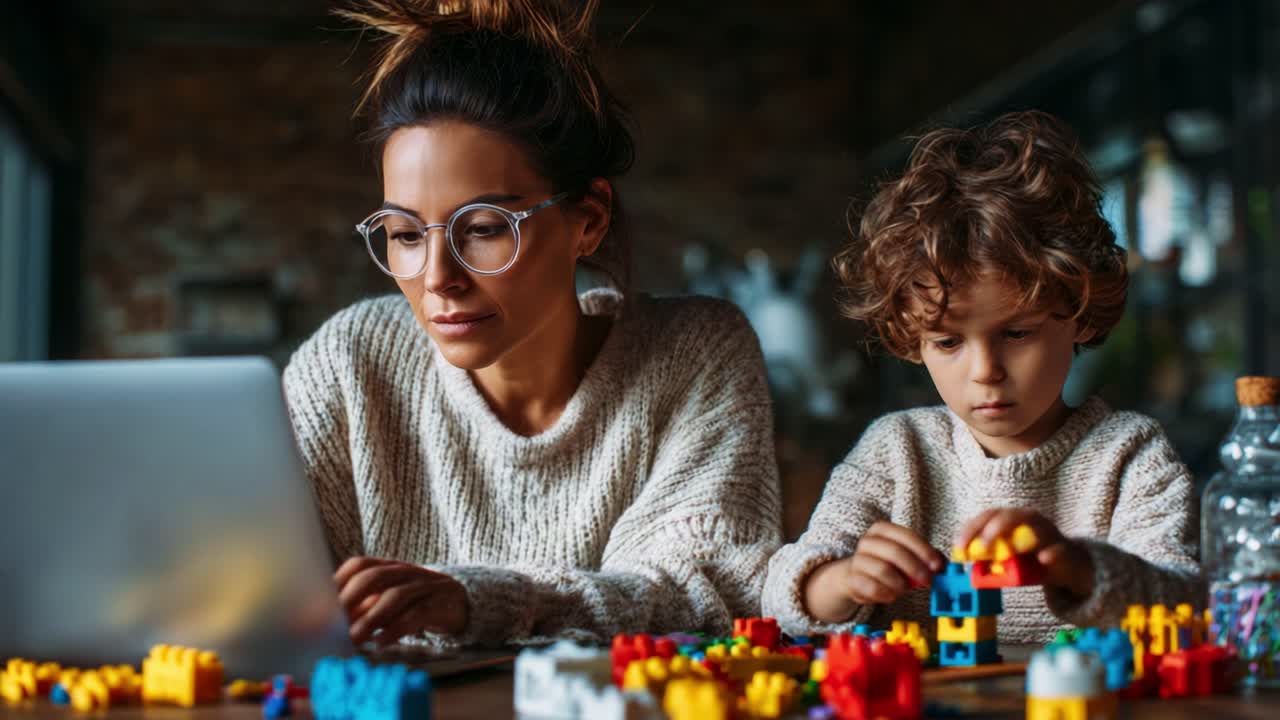 A Creative Moment: A Child and Parent Engage with Colorful Building Blocks while Connected to a Laptop in a Cozy, Lively Atmosphere, Showcasing the Joy of Learning Together