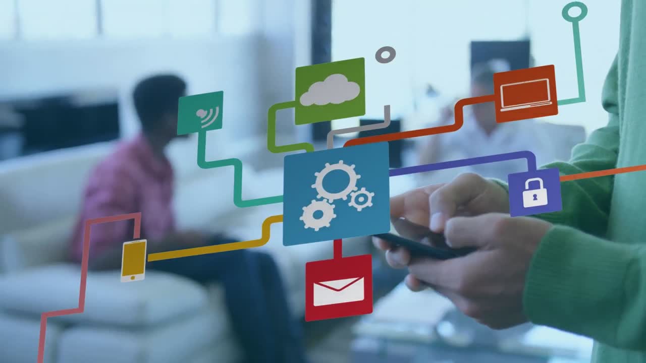 Animation of network of connections with icons over caucasian man using smartphone