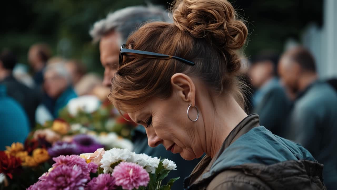 Donna tiene fiori, solennemente a un raduno. Il suo sguardo abbassato, l'espressione mostra un dolore silenzioso. Le persone stanno intorno, ammutolite da un dolore condiviso. La luce naturale la incornicia, enfatizzando il peso emotivo