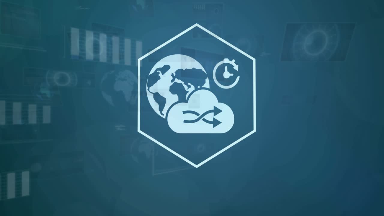 Glowing center globe hexagon pulsing, camera pulling as icons forming, orbiting, reinforcing cloud