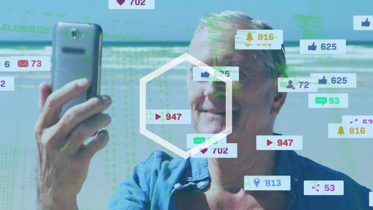 스 ⁇  스캐닝 및 소셜 미디어 연설 거품의 애니메이션 스마트 폰으로 셀카를 찍는 남자