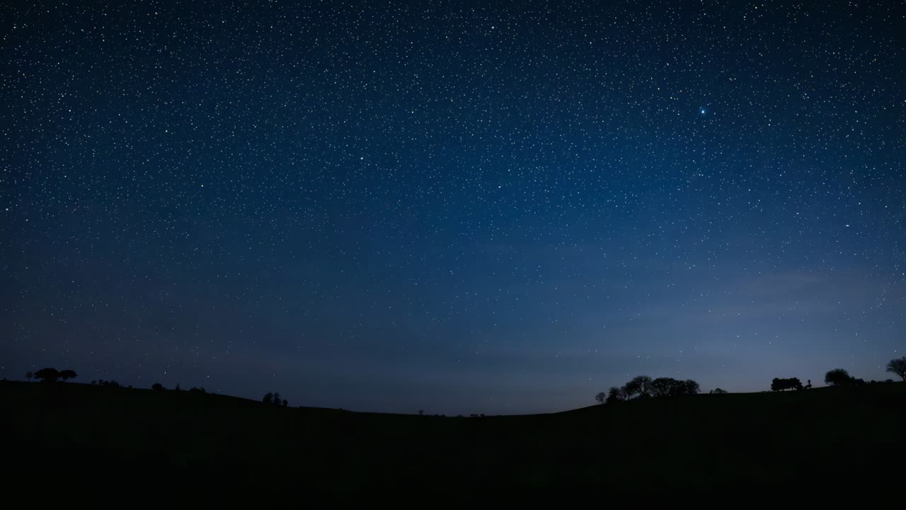 Showing starry sky brightening while horizon glow growing near right house, Milky Way band forming