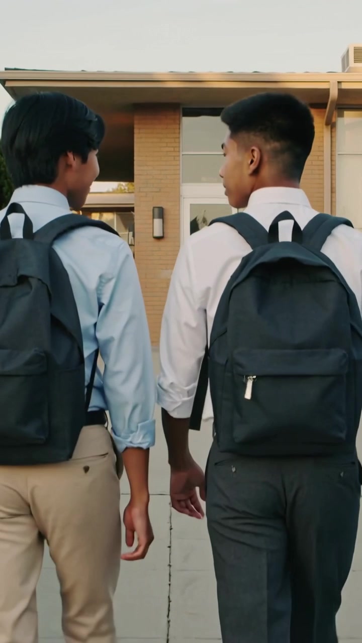 Video vertikal: Dua anak laki-laki berjalan mengenakan kemeja membawa ransel menuju pintu sekolah, bersiap masuk kelas