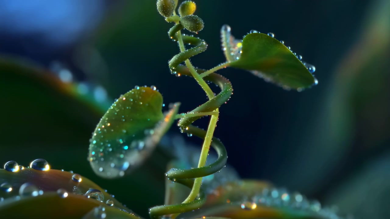 Piccole goccioline d'acqua luccicano su foglie verdi fresche mentre un viticcio arricciato avvolge lo stelo centrale, con un sottile movimento della pianta, messa a fuoco superficiale e riflessi blu-verdi luminosi sullo sfondo