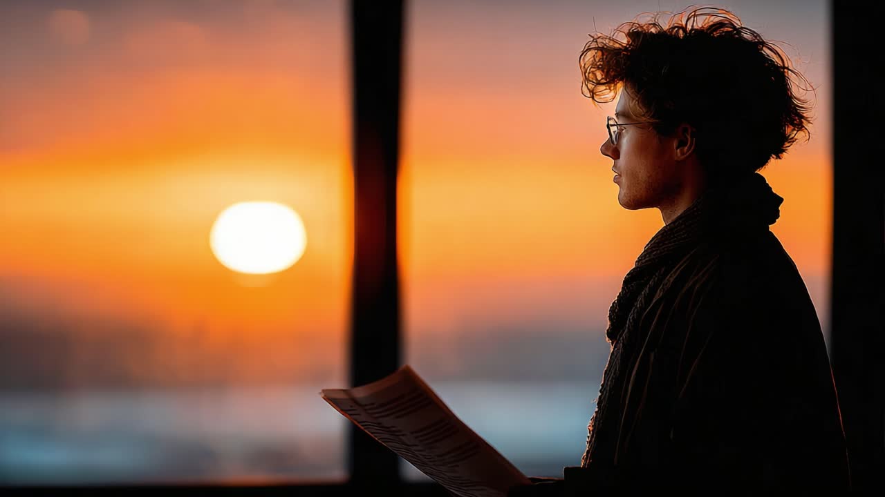 Contemplative Moment at Sunset: A Profile View of a Young Individual Gazing at the Horizon with a Script in Hand, Capturing the Essence of Reflection in a Beautiful Setting