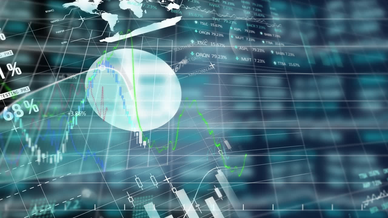 Animation of financial data processing on black background