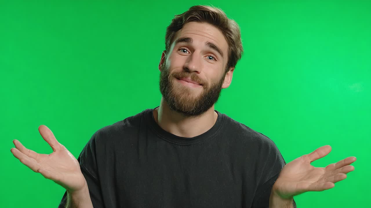 Uomo pensieroso che esprime incertezza con un gesto riflessivo in un ambiente con green screen