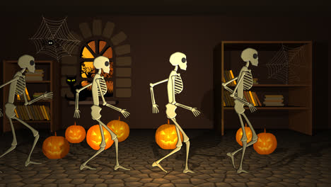 group of human skeletons walking with pumpkins in their hands in a dark, creepy house. the room is full of scary jack-o lanterns, old books in shelves and many spooky animals like spiders and mice.