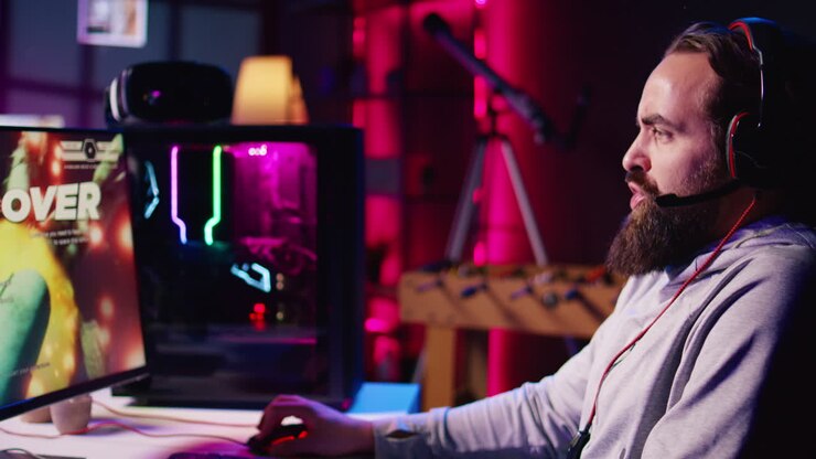 Uomo infastidito che urla dopo aver perso mentre gioca a un videogioco di astronavi online, frustrato dai compagni di squadra.
