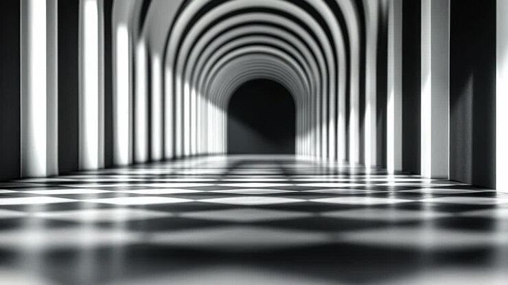 Arched, patterned light corridor. A long corridor features high arches and striking light patterns on the floor, creating a dramatic effect.