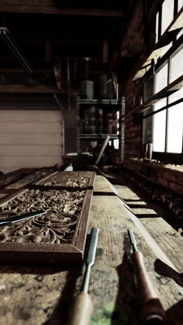 intricate wood carving in a rustic workshop