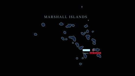 mapa estilizado en azul de las islas marshall con la capital de majuro y las coordenadas geográficas en fondo negro