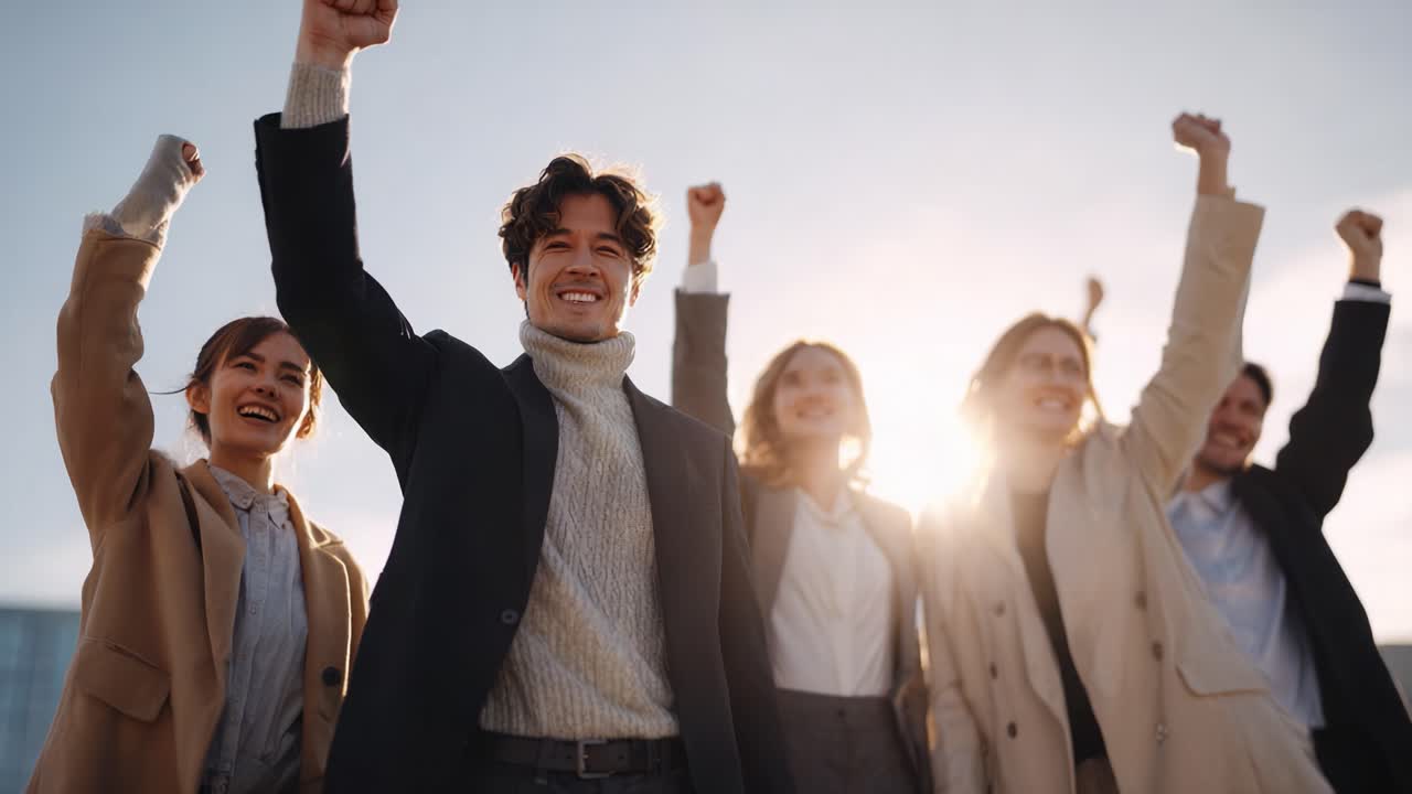 A group of enthusiastic individuals, raising their fists in celebration against a backdrop of a bright sky, embodying unity, achievement, and joy in a modern urban setting