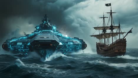 futuristic battleship vs. pirate ship in a storm