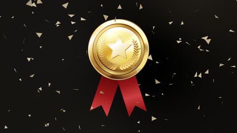 golden medal with red ribbon and confetti