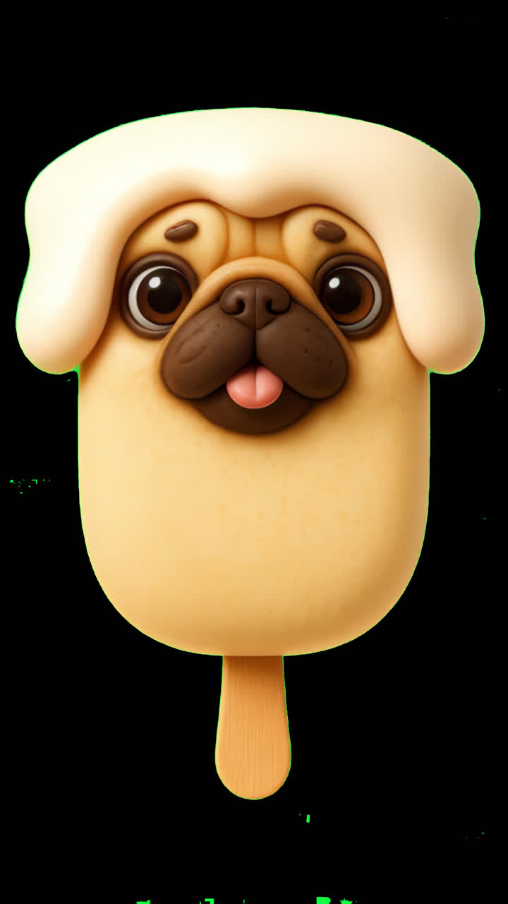 Aset terisolasi animasi ilustrasi es krim anjing pug lucu, video 4K transparan, alpha channel