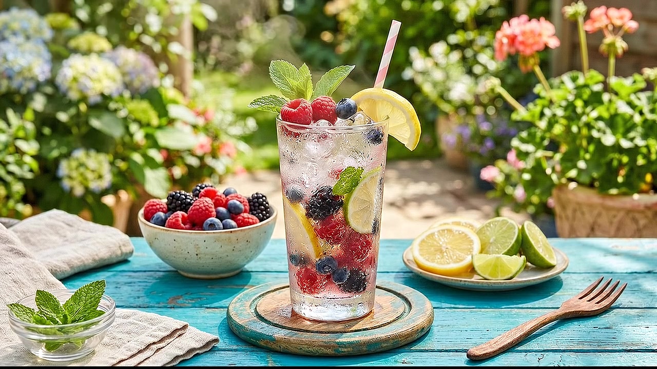 Frisk fruktmocktail tilsatt bær og mynteblader på et hagepiknikbord