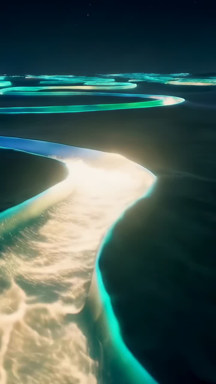 Vertical video: Advancing camera revealing glowing turquoise loops moving across sea, foam rising
