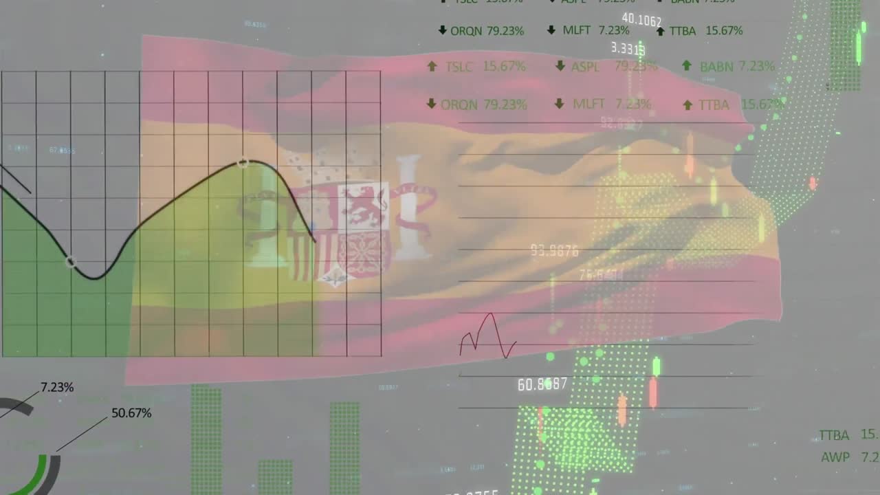 Animazione di grafici ed elaborazione dati sulla bandiera della Spagna su sfondo grigio