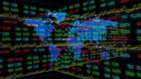 stock market data with fluctuating graphs overlaying world map animation