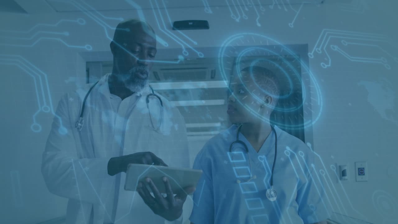 Doctor walking hospital hall swiping tablet and revealing digital overlay nurse examining charts