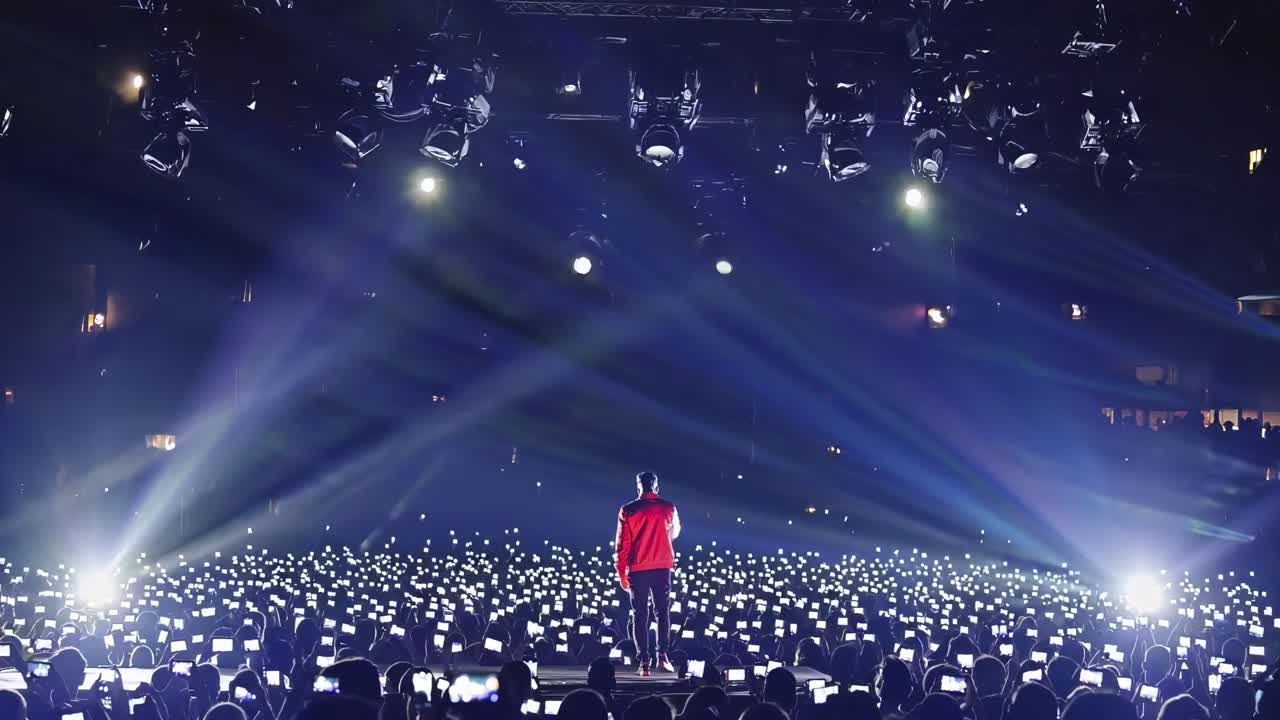 Stage lights casting dramatic glow on energetic performer wearing vibrant red jacket, standing before packed venue with audience holding glowing cell phones raised high