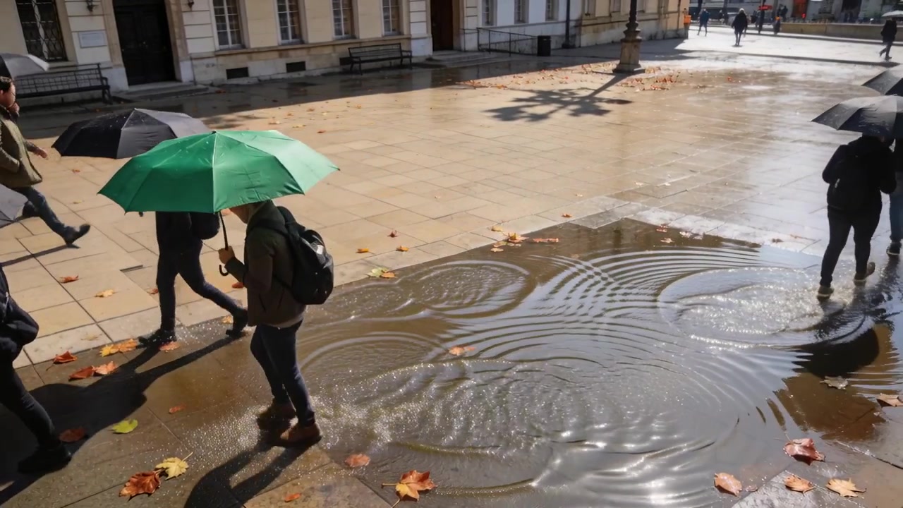 Stepping into puddle, person with green umbrella backpack crossing plaza making ripples, copy space