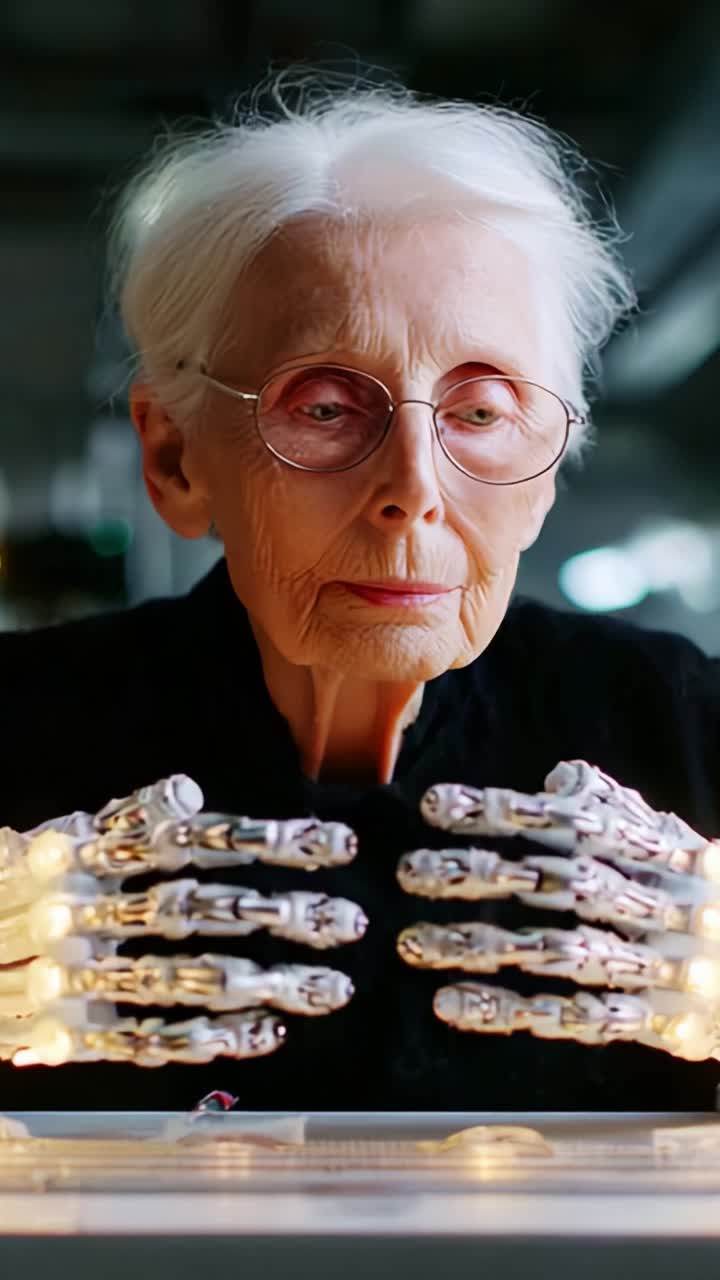 An Elderly Woman Engages with Innovative Robotic Hands, Merging Human Emotion with Advanced Technology in a Thought-Provoking Display of the Future