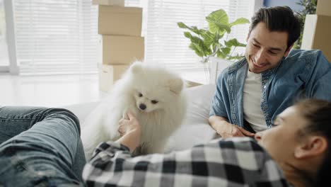 Video-Eines-Paares,-Das-Mit-Einem-Hund-In-Einer-Neuen-Wohnung-Spielt.