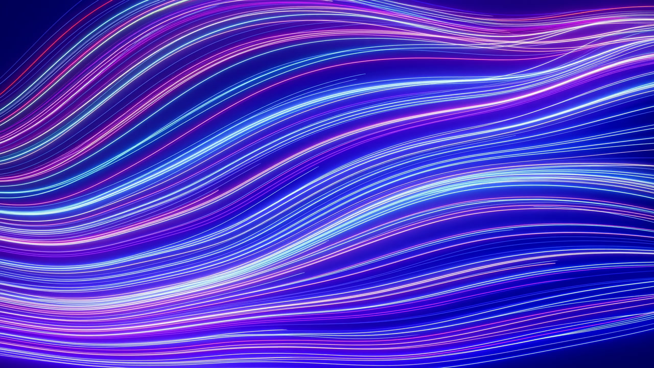 Vibrant Neon Flowing Lines Across Widescreen, Hypnotic Motion Backdrop With Purple And Blue Curved Streaks,