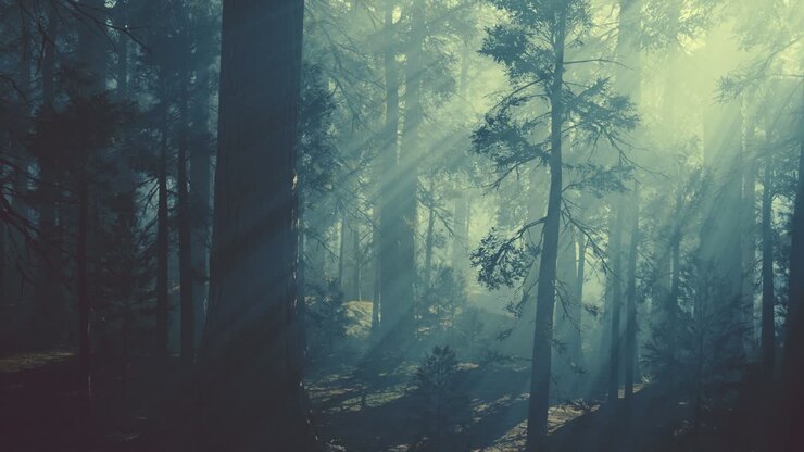 black tree trunk in a dark pine tree forest