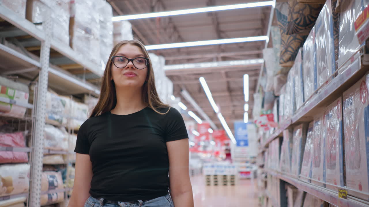 Elegante giovane donna in top nero e occhiali che cammina nel corridoio di un negozio, curiosando tra i prodotti sugli scaffali mentre si guarda intorno, con illuminazione luminosa da negozio e ambiente di supermercato organizzato sullo sfondo