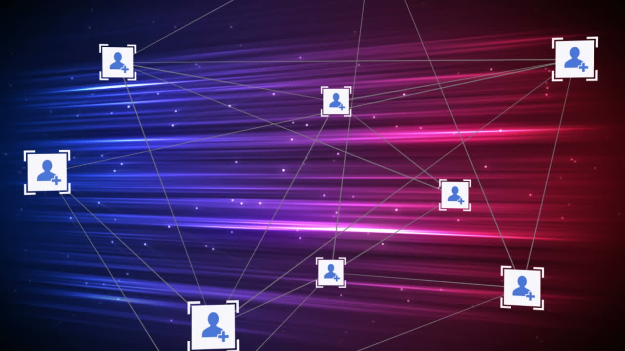 red de iconos de conexiones contra líneas de colores en el fondo