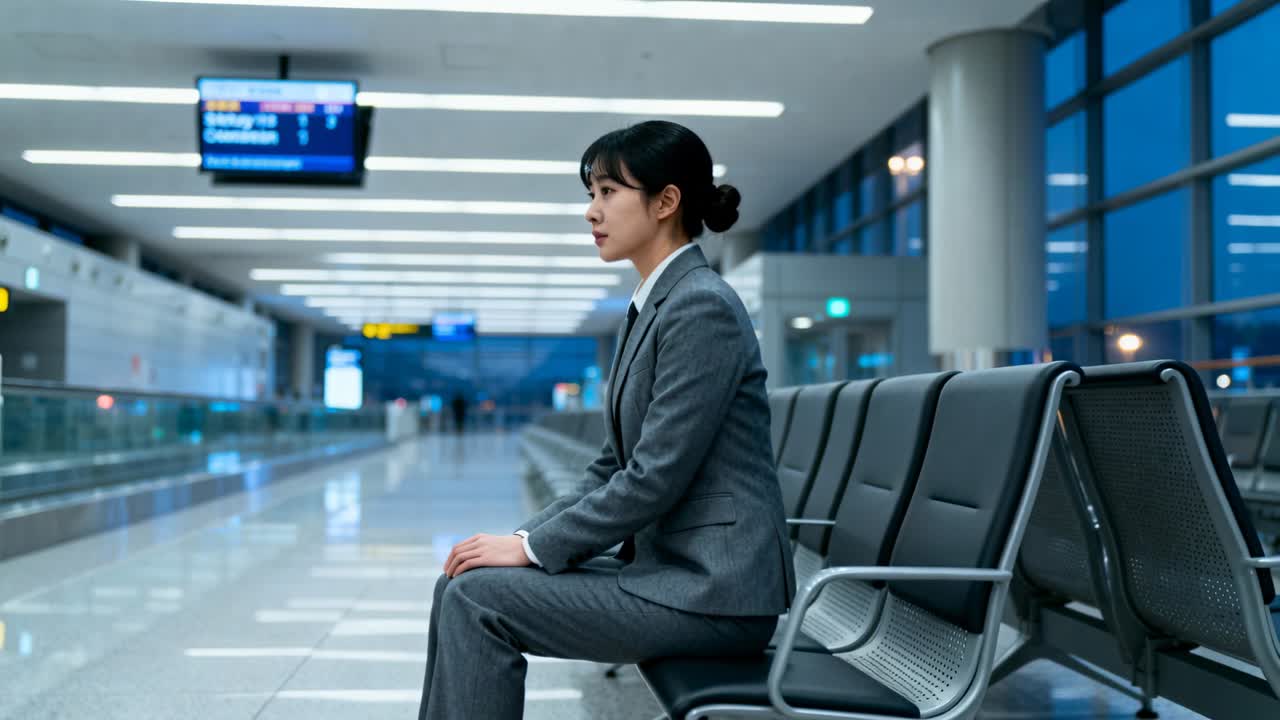 一位身穿灰色套装的女士在机场登机口座位上调整姿势，以回应航班离港更新，留有文案空间。