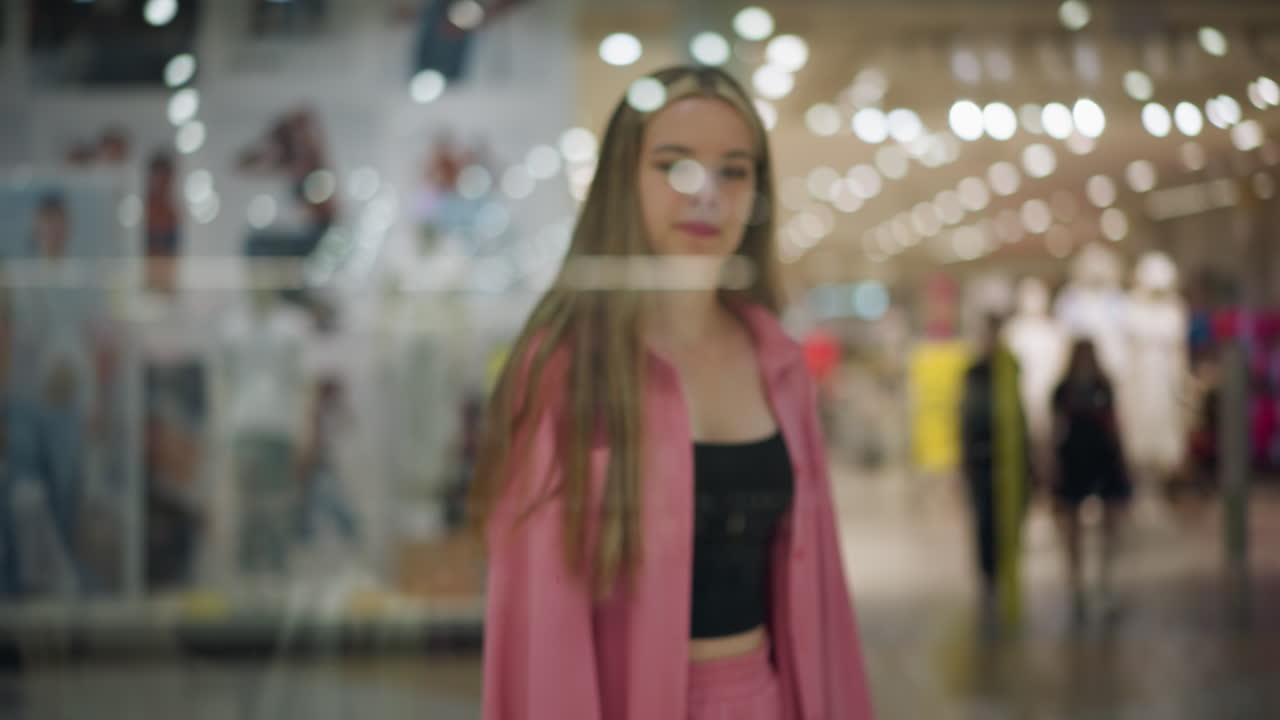 Beautiful lady wearing a black signet under pink clothing and short gazes through glass thoughtfully, with a blurred background of people, lights, and items in a brightly lit shopping mall