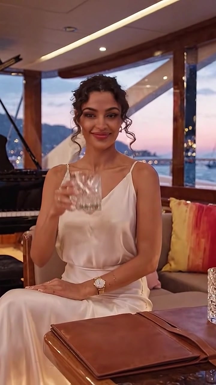 Mujer elegante en un entorno lujoso con un hermoso atardecer, vistiendo un vestido de seda y sosteniendo una copa de cristal, irradiando sofisticación y encanto.